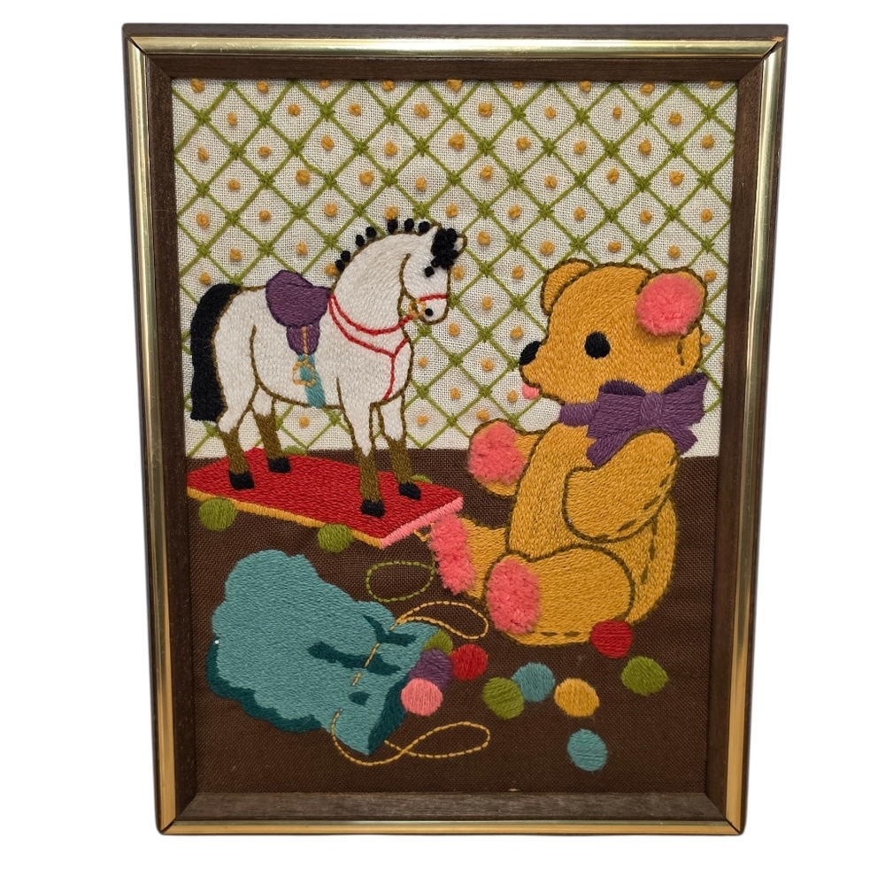 Vintage 1975 Bernat Childhood Memories Crewel Embroidery Framed Wall Decor